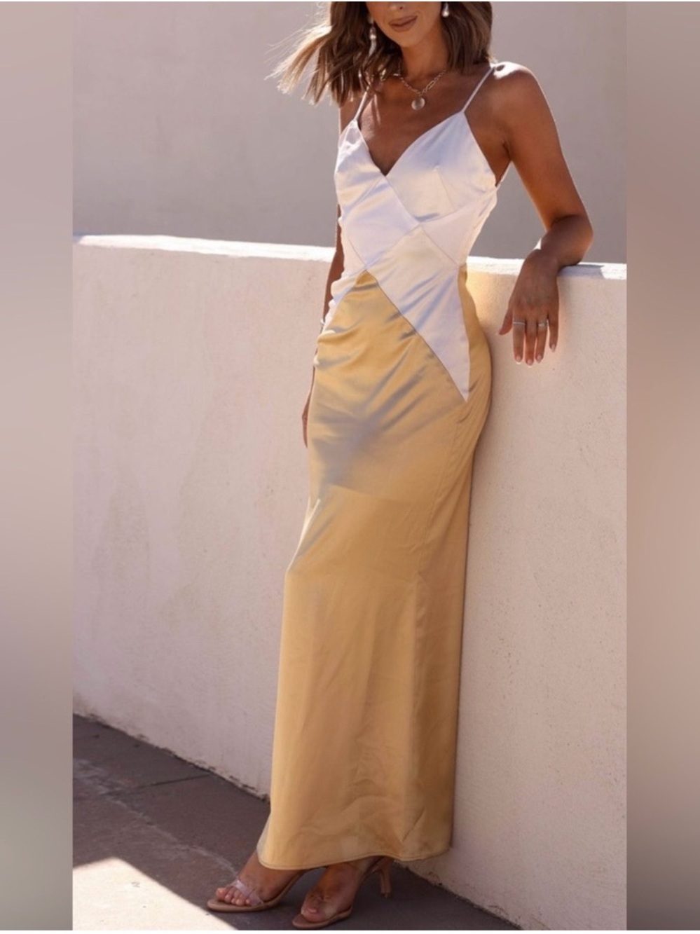 Satin Two-Tone Slip Maxi Dress in White and Beige
